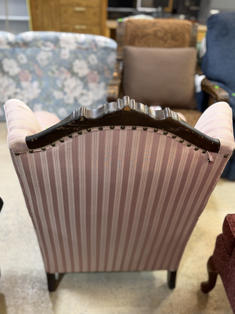 Blush Striped Accent Armchair with Carved Wood Details