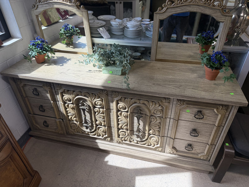 Carved Wood Dresser with Dual Mirrors