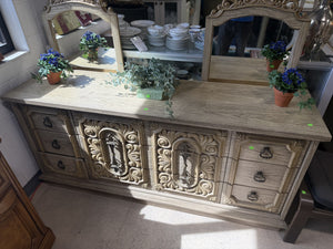 Carved Wood Dresser with Dual Mirrors