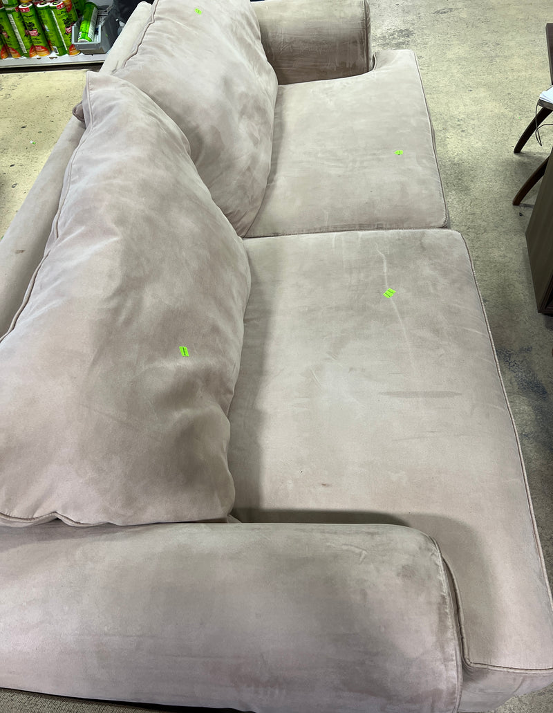 Plush Beige Upholstered Sofa with Rolled Arms & Two-Cushion Design