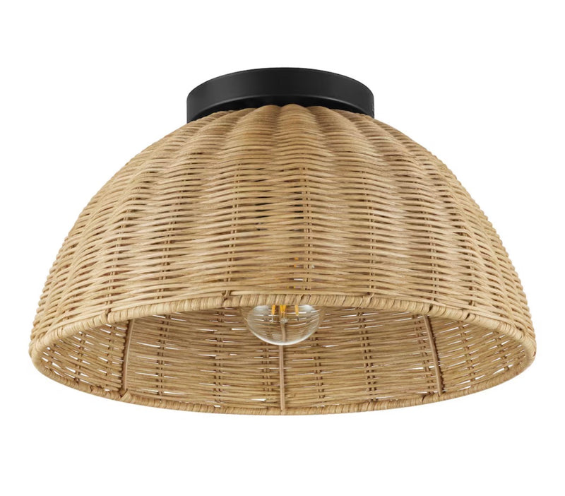 Highler 13.5” 1-light Matte Black Flush Mount with Natural Rattan Shade