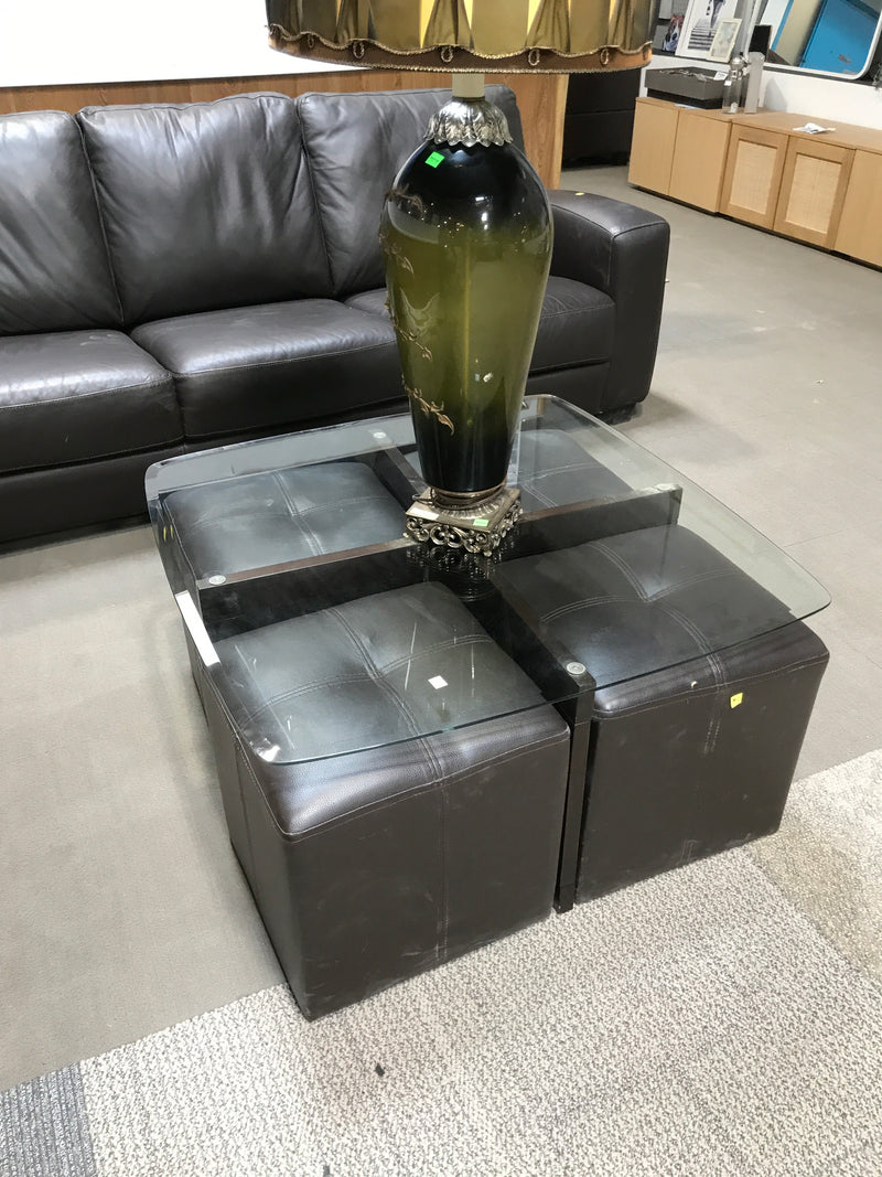 Glass Top Coffee Table With 4 Underneath Faux Leather Pullout Benches