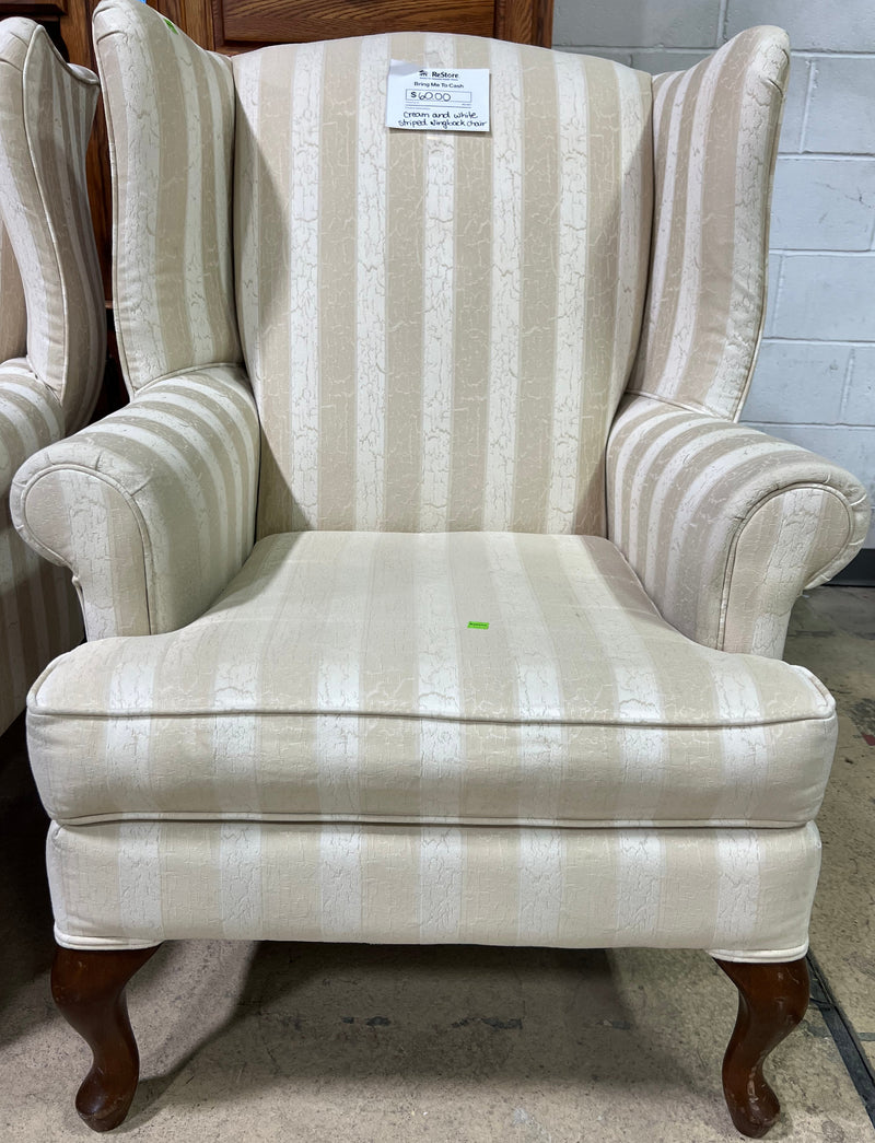 Cream and White Striped Wingback Armchair