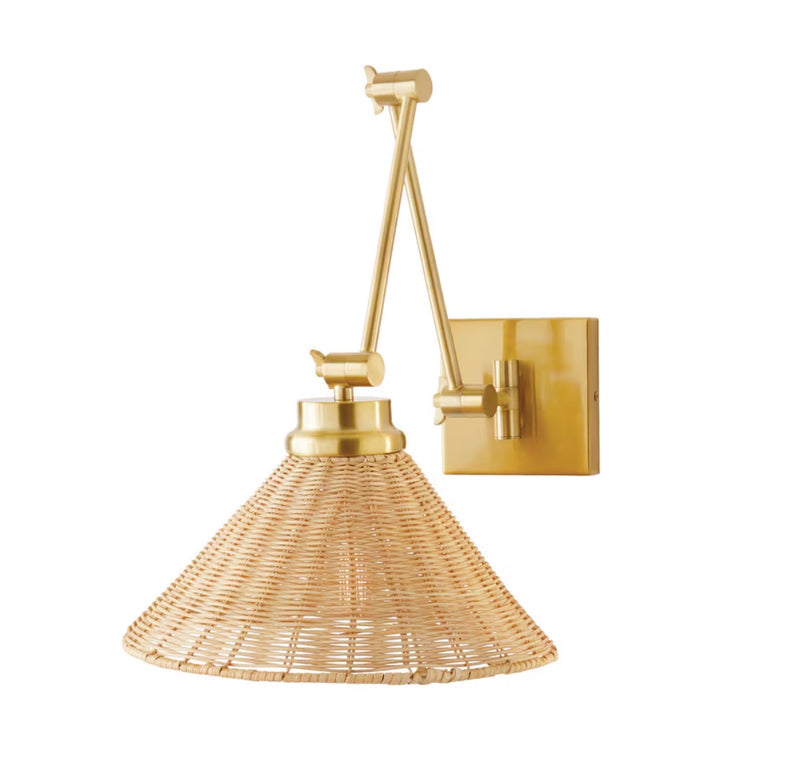 1-Light Bathroom Dimmable Brushed Gold Vanity Light Bell Shape Rattan Shade