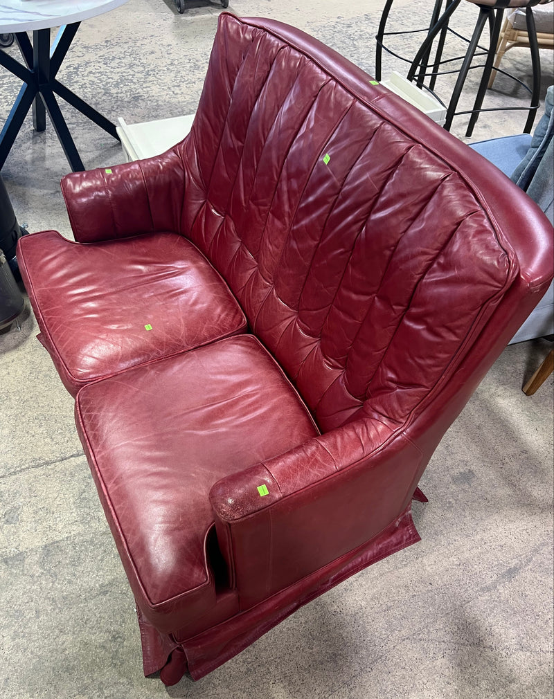 Cherry Red Mid-Century Modern Leather Wingback Loveseat