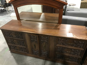 Vintage Oak Long Dresser With 9 Drawer & Large Mirror