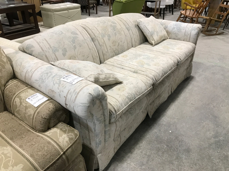 White 3 Seater Couch With Blue Tinted Floral Patterns & 2 Matching Pillows