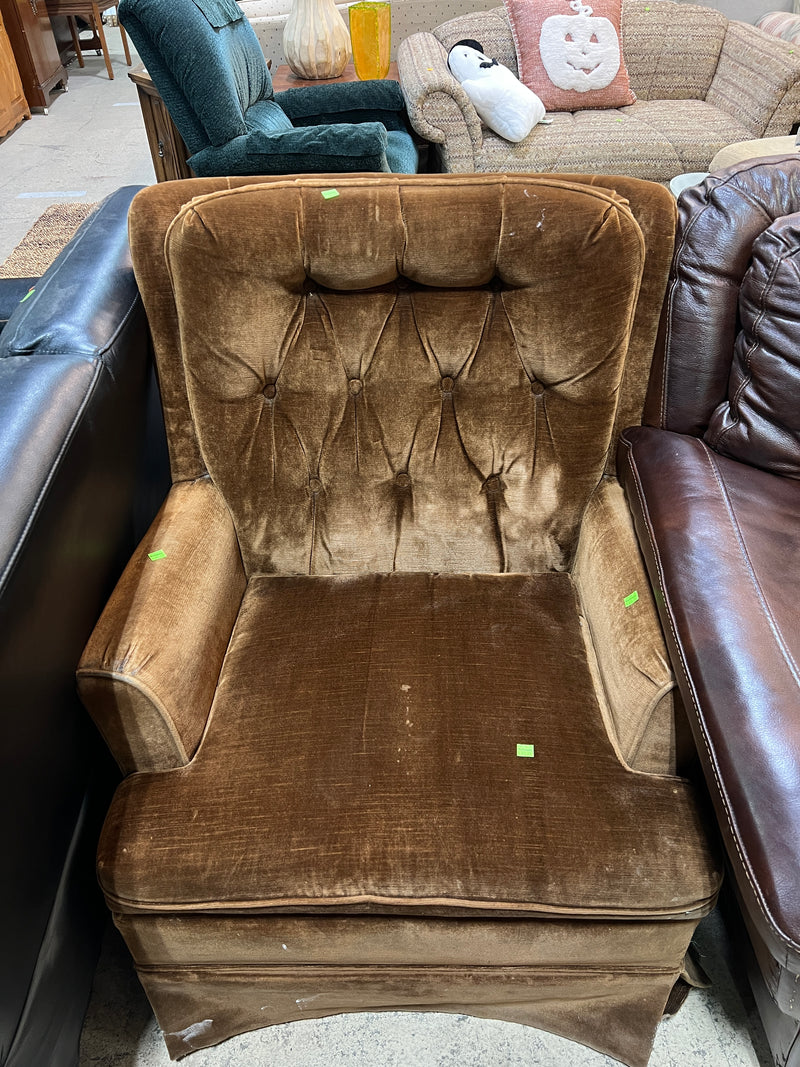 Vintage Mid-Century Style Chocolate Brown Velvet Tufted Armchair