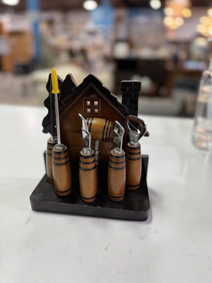 Rustic Wooden Bar Tool Set with House - Shaped Stand