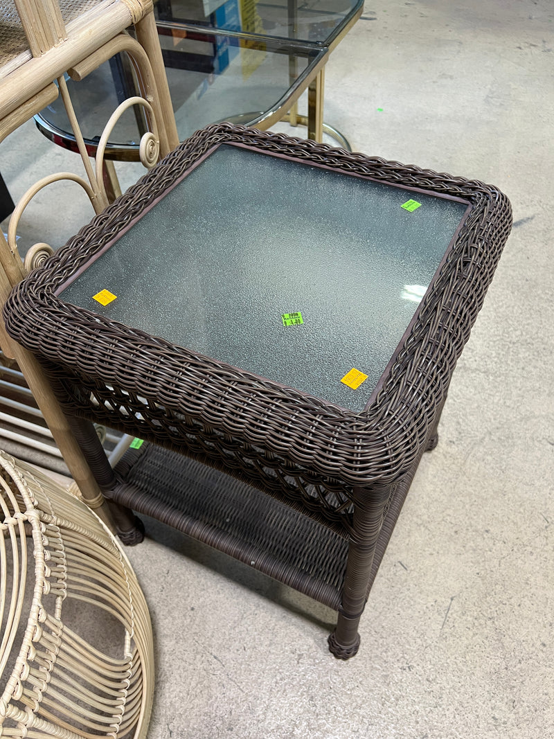 Square Wicker Side Table with Tempered Glass Top & Lower Shelf