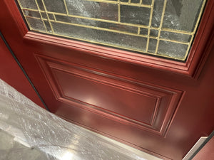 Elegant Mahogany Red Front Door with Decorative Glass and Transom