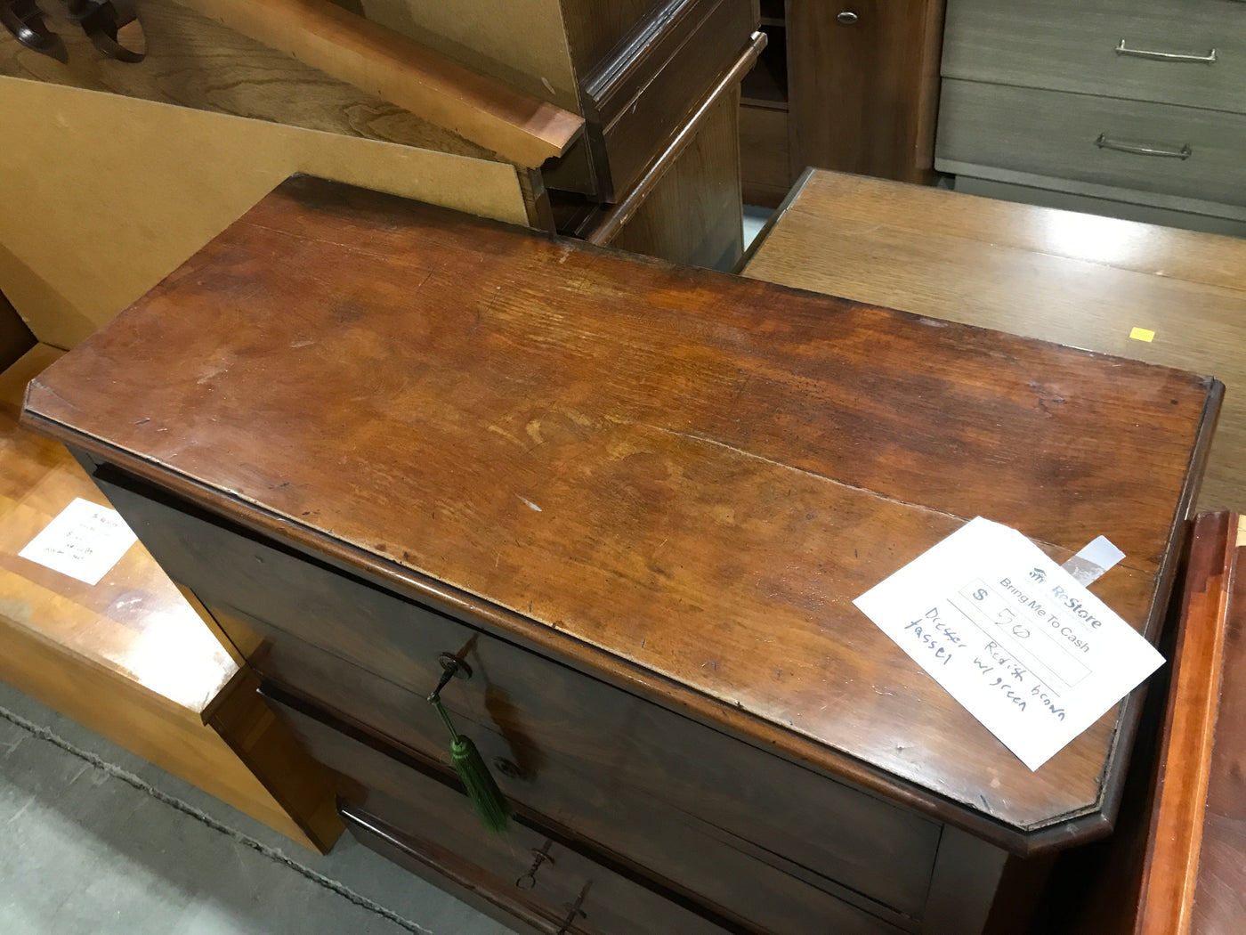 Reddish Brown Dresser With Green Tassel & 4 Drawers  Habitat for Humanity  Greater Ottawa ReStore
