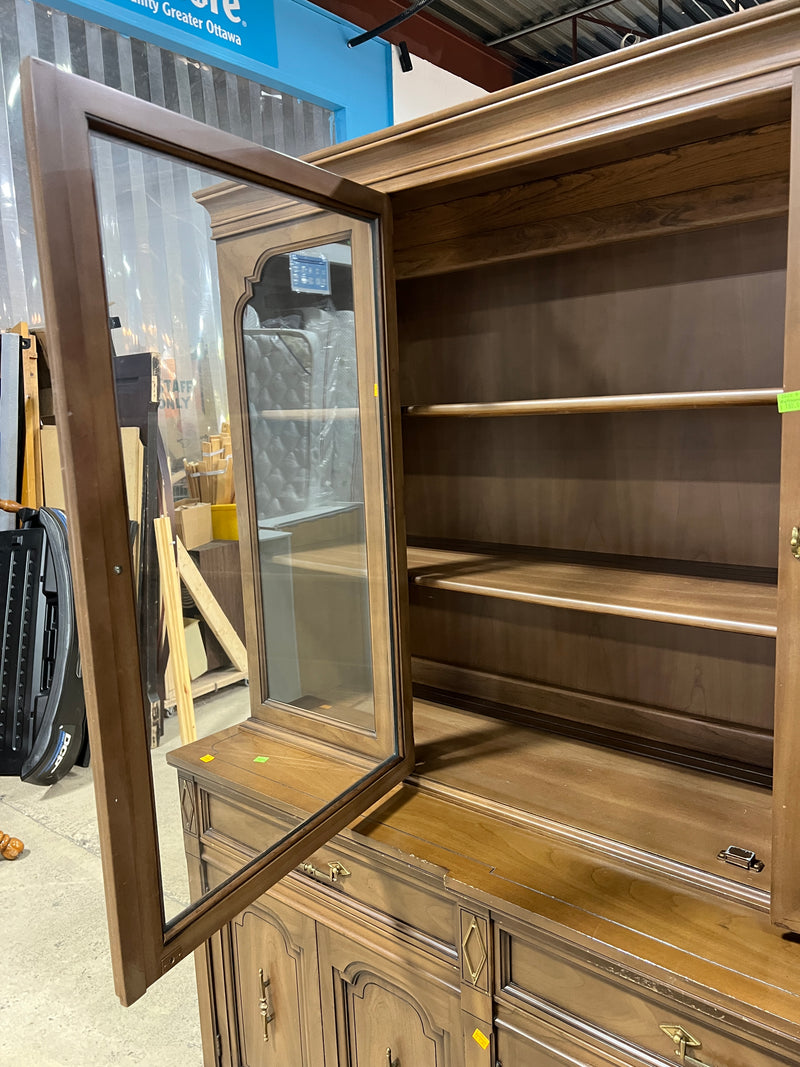 Vintage French Provincial Wooden Hutch & Buffet Cabinet with Glass Display Doors