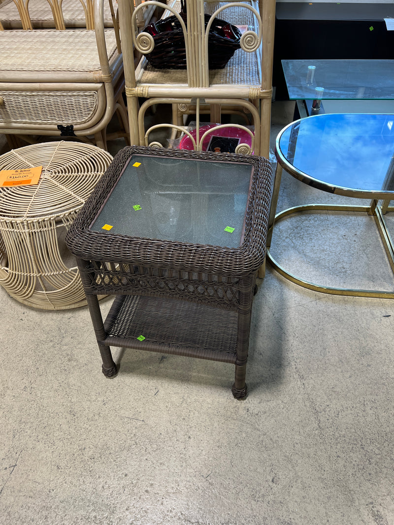 Square Wicker Side Table with Tempered Glass Top & Lower Shelf