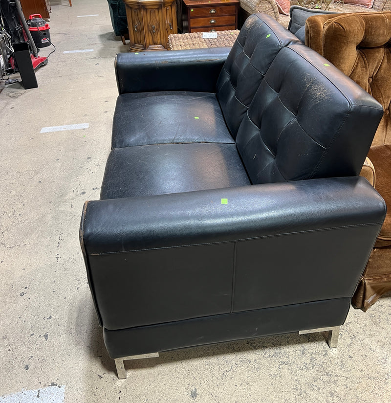 Black Mid-Century Modern Tufted Leather-Like Loveseat with Chrome Legs