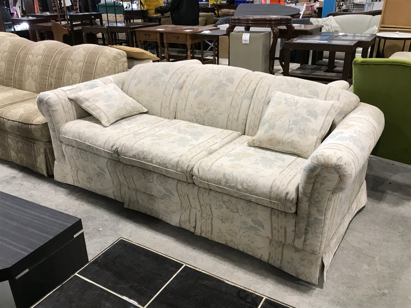 White 3 Seater Couch With Blue Tinted Floral Patterns & 2 Matching Pillows