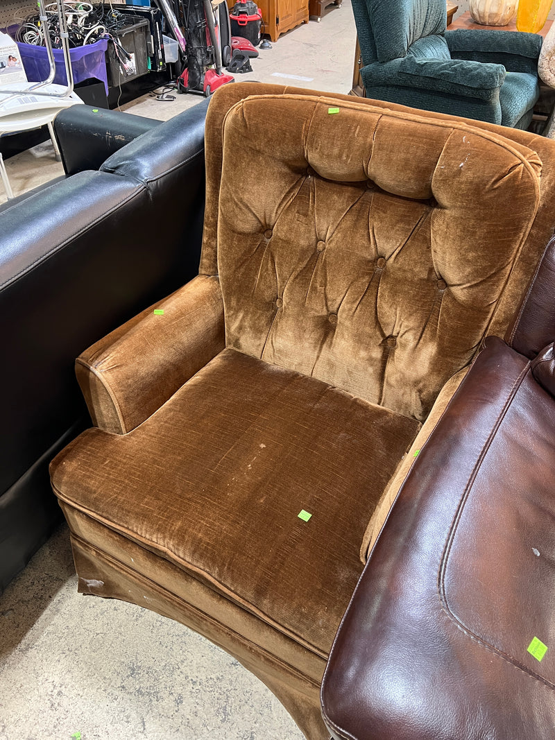 Vintage Mid-Century Style Chocolate Brown Velvet Tufted Armchair