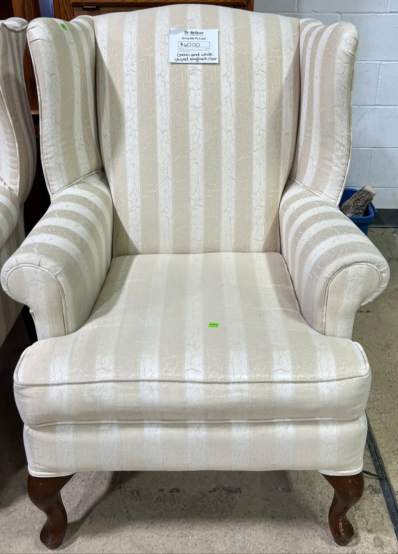 Cream and White Striped Wingback Armchair