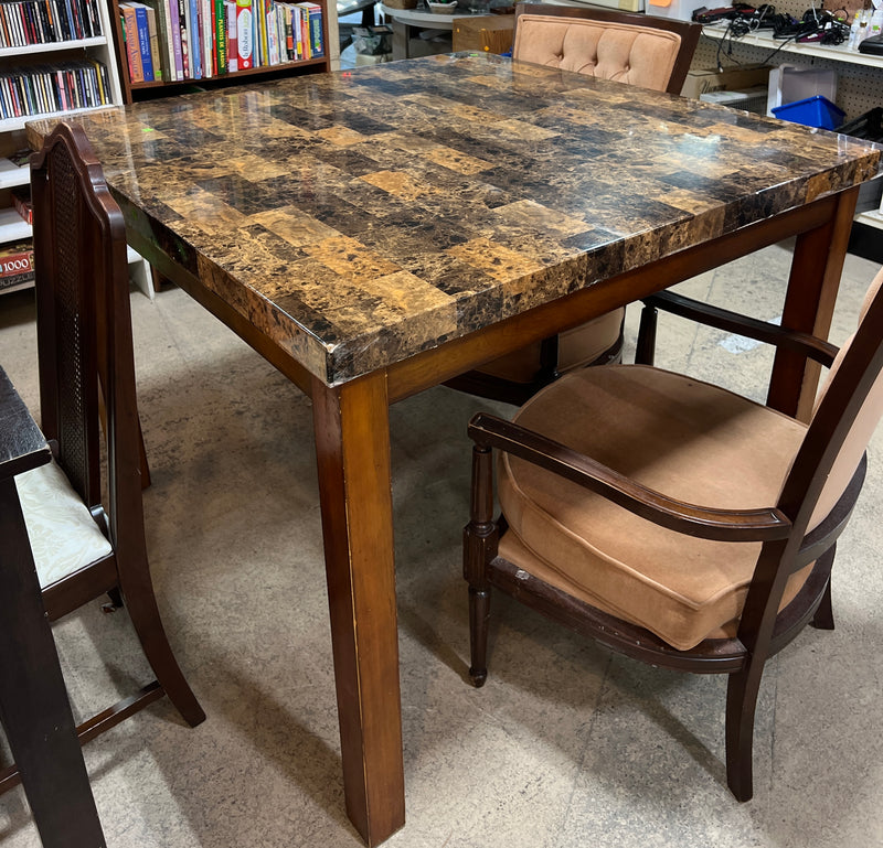 Square Faux-Stone Patchwork Dining Table with Solid Wood Frame