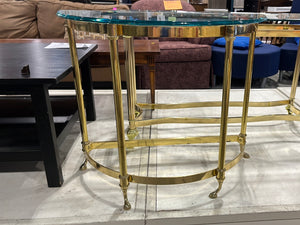 Crescent glass top table with metal frame