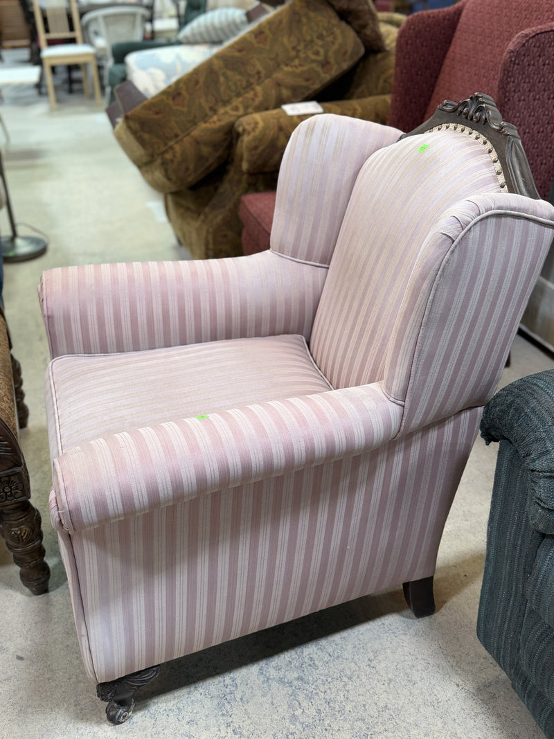 Blush Striped Accent Armchair with Carved Wood Details