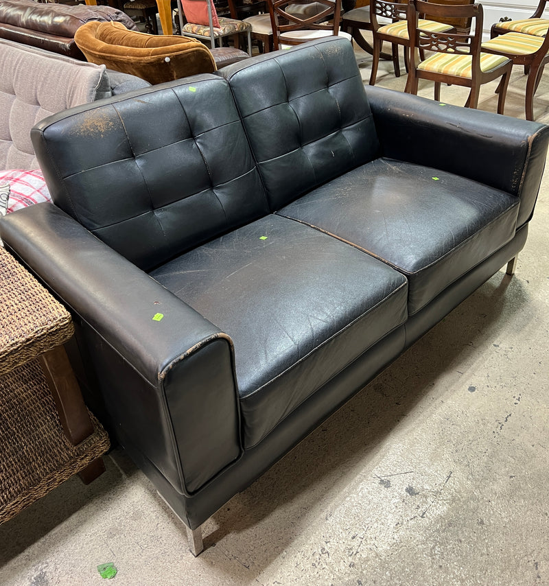 Black Mid-Century Modern Tufted Leather-Like Loveseat with Chrome Legs