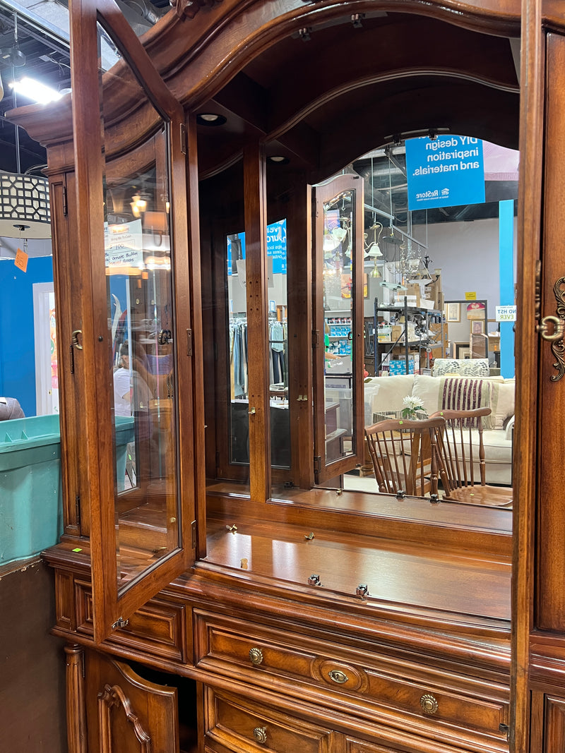 Traditional Dark Wood China Cabinet & Hutch with Glass Doors and Interior Lighting