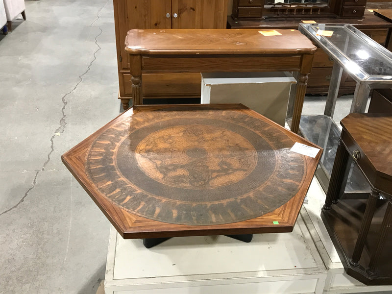 Large Hexagon Rose Wood coffee table with Egyptian Motif on a brass dalay