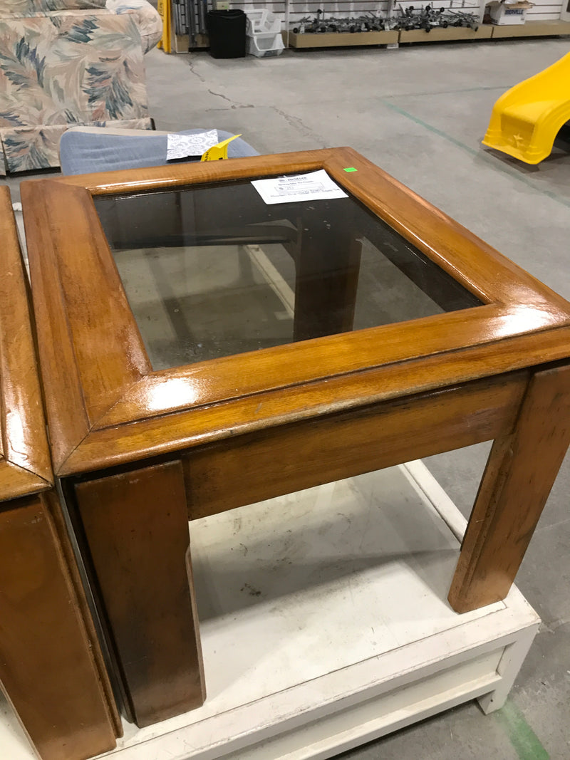 Honey Brown Wooden End Table With Glass Top