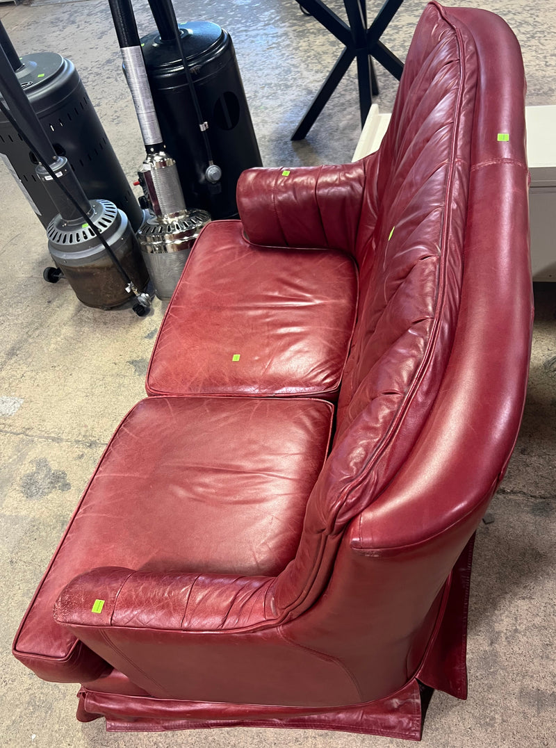 Cherry Red Mid-Century Modern Leather Wingback Loveseat