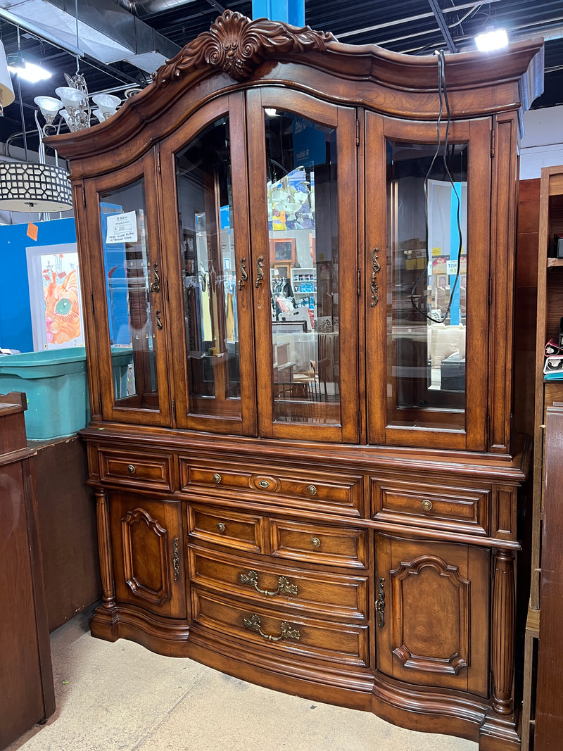Traditional Dark Wood China Cabinet & Hutch with Glass Doors and Interior Lighting