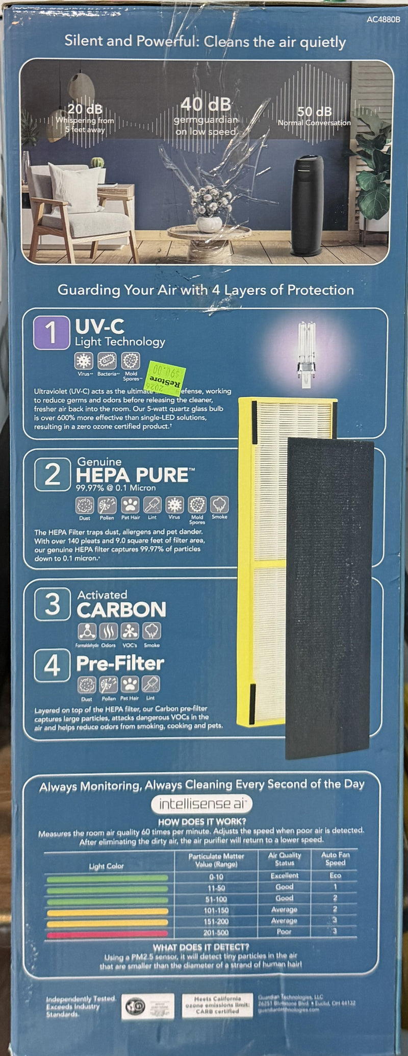 GermGuardian 743 Sq. Ft Air Purifier with HEPA Filter UV-C and Air Quality Sensor
