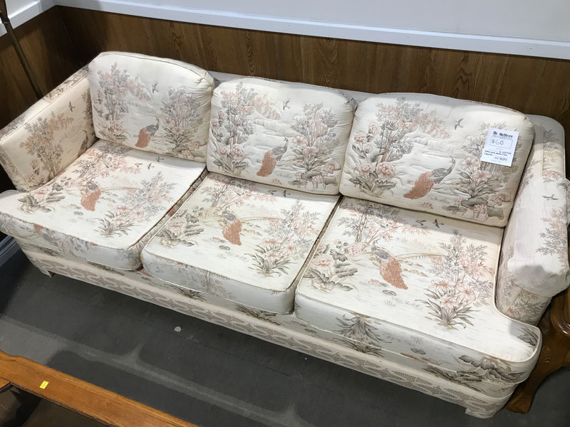 White 3 Seater Couch With Nature Details(Peacocks & Birds, Flowers & Trees)