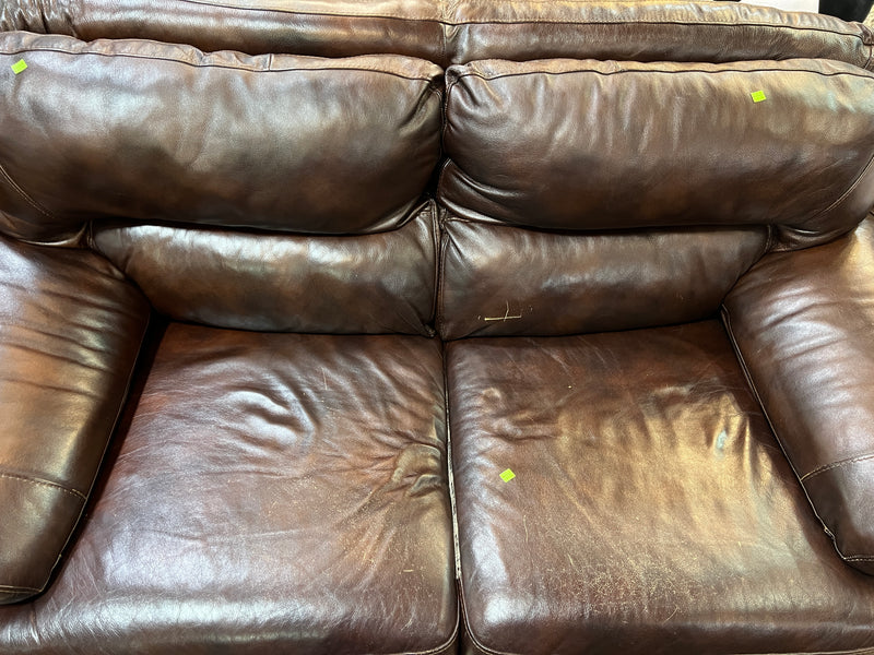 Chocolate Brown Leather Loveseat with Plush Cushions and Padded Pillow-Top Arms
