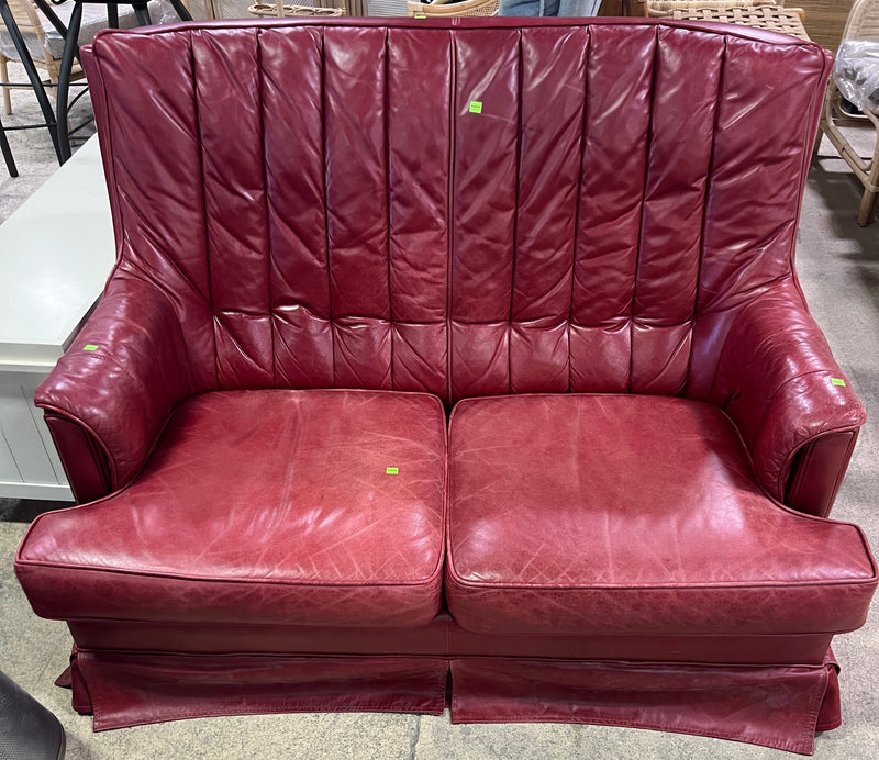 Cherry Red Mid-Century Modern Leather Wingback Loveseat