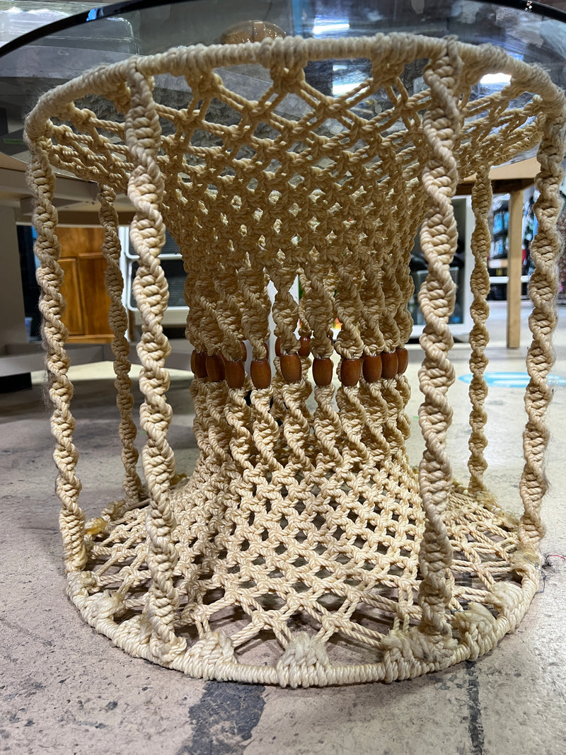 Vintage Bohemian Macramé Glass-Top Side Table