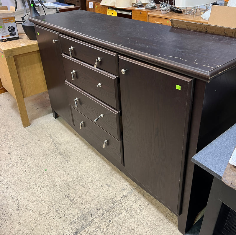 Dark Brown Traditional Wooden Dresser with Dual Cabinets &amp; 4 Drawers