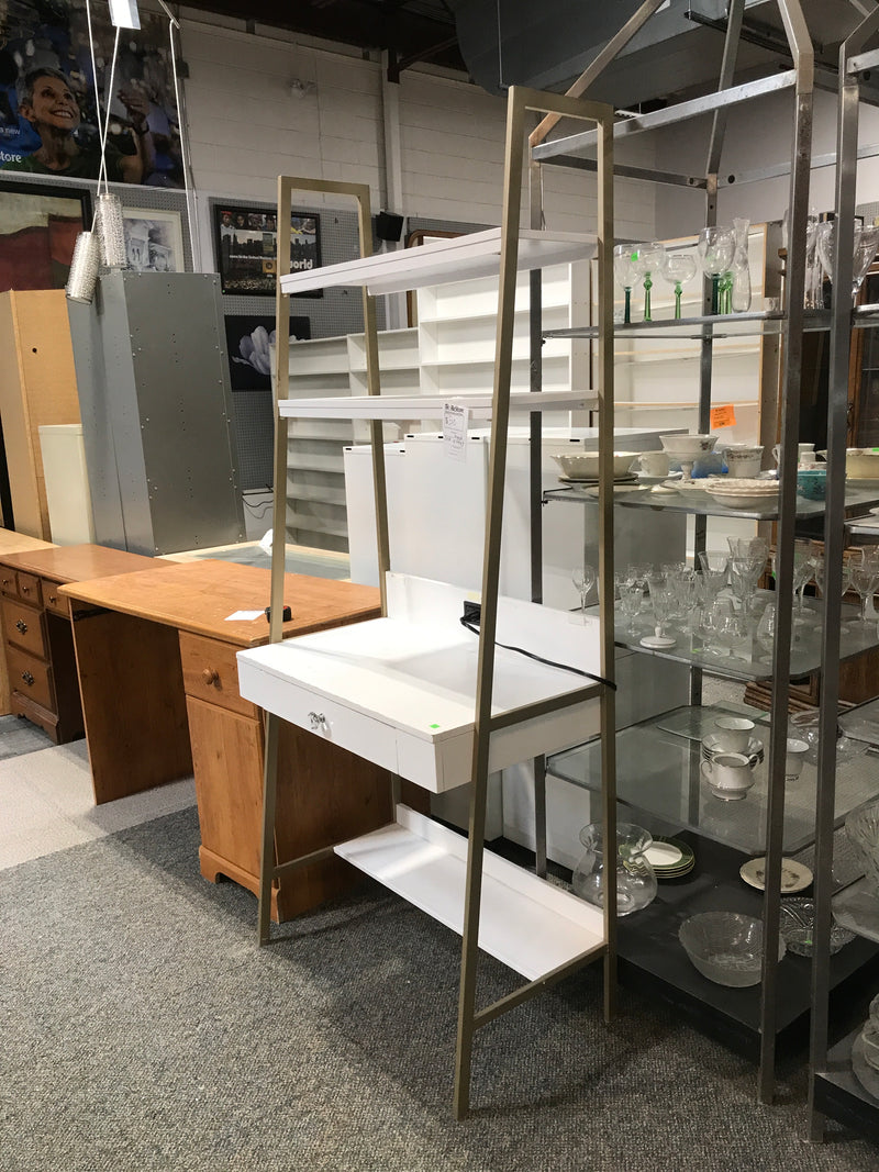 Angled Desk With Tall Tiered Shelves Attached & Outlet