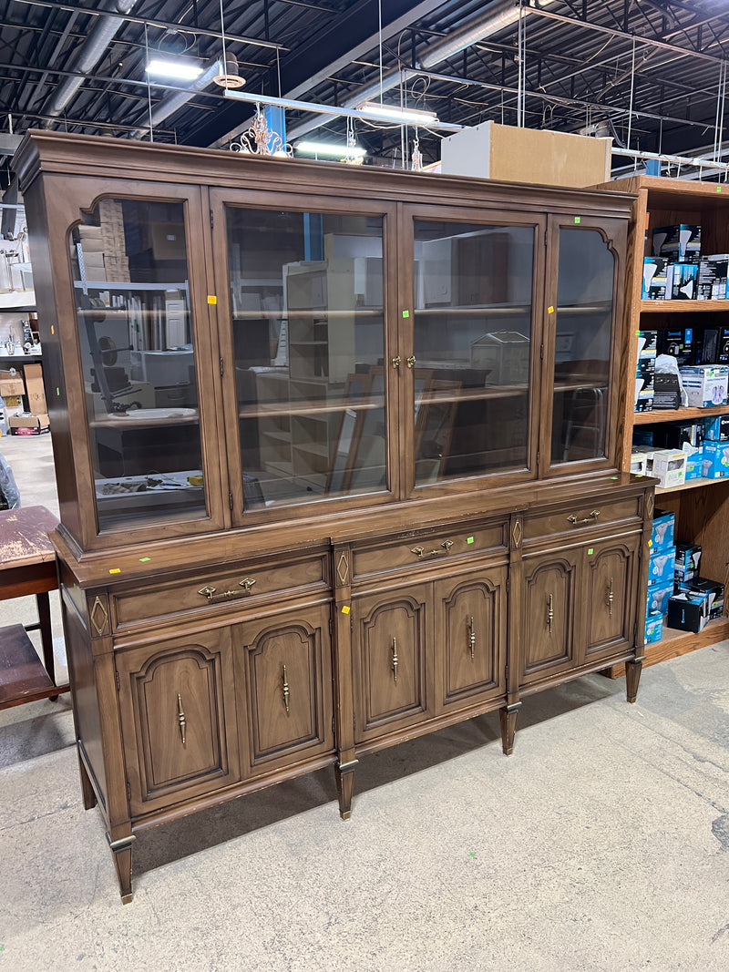 Vintage French Provincial Wooden Hutch & Buffet Cabinet with Glass Display Doors