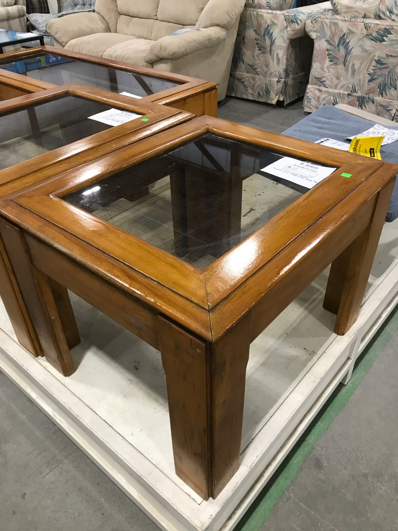 Honey Brown Wooden End Table With Glass Top