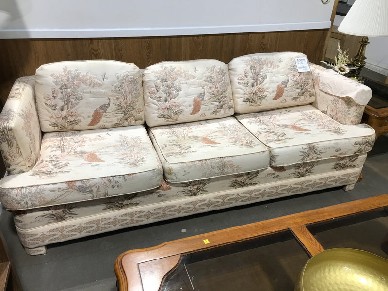White 3 Seater Couch With Nature Details(Peacocks & Birds, Flowers & Trees)