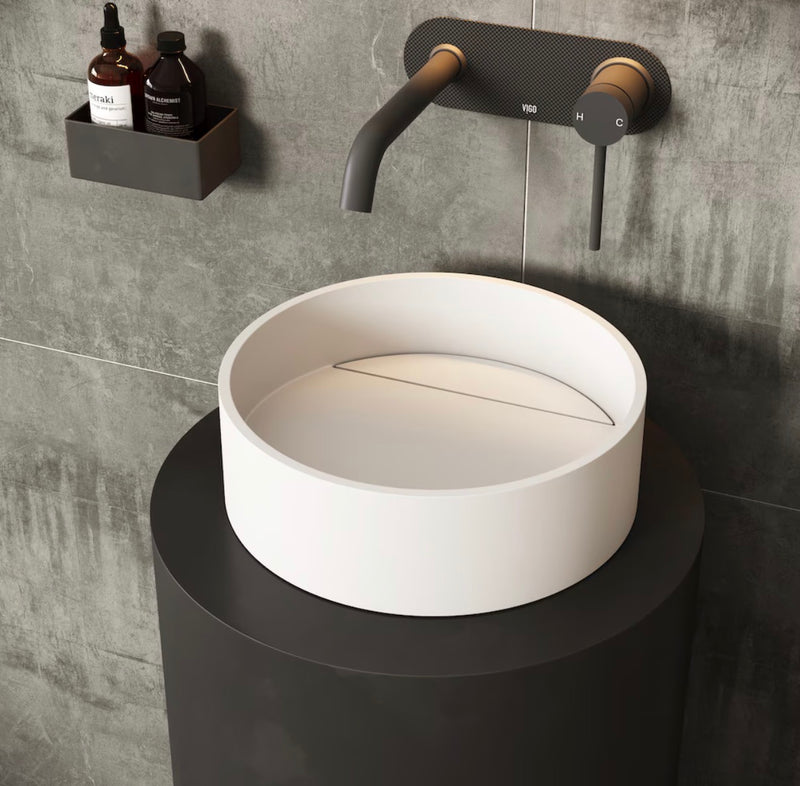 Montauk Modern White Matte Stone 15” Round Vessel Bathroom Sink