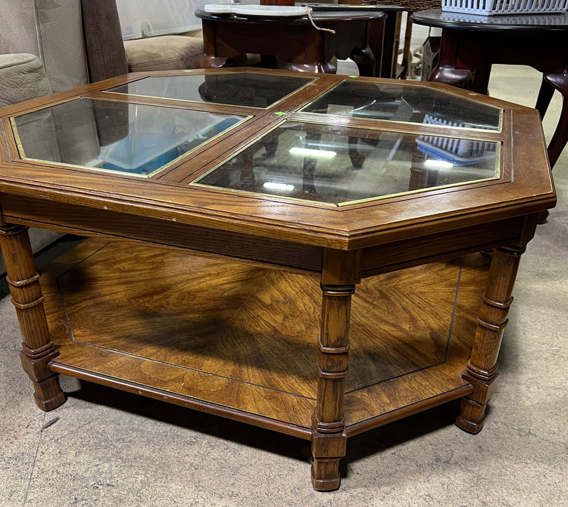 Vintage Octagonal Wood & Glass Coffee Table