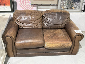 Brown Leather Loveseat with Rolled Arms