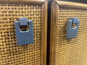 Mid-Century Modern Rattan Door Cabinet – Natural Wood Finish