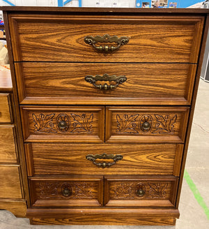 Vintage 5-Drawer Wood Dresser – Ornate Floral Carvings & Brass Handles