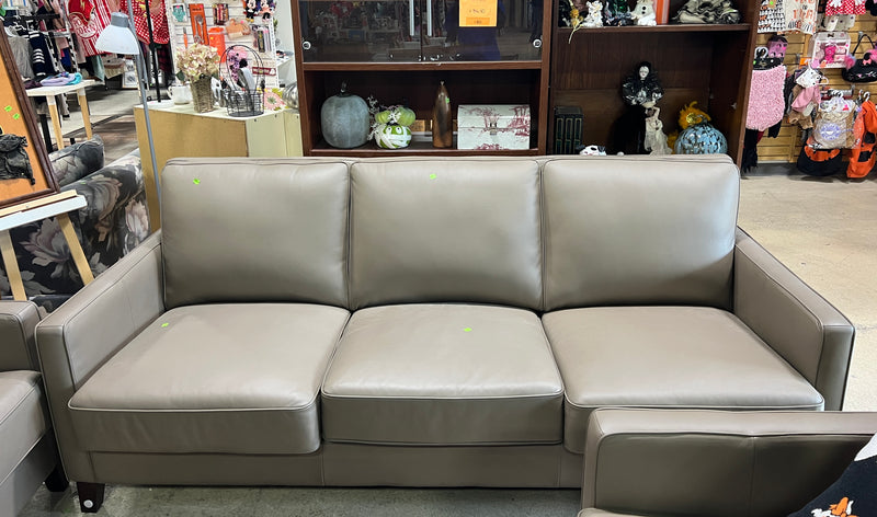Taupe Leather Three-Seat Sofa