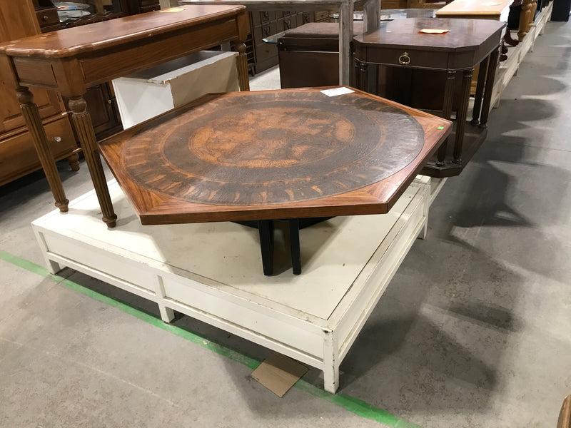 Large Hexagon Rose Wood coffee table with Egyptian Motif on a brass dalay