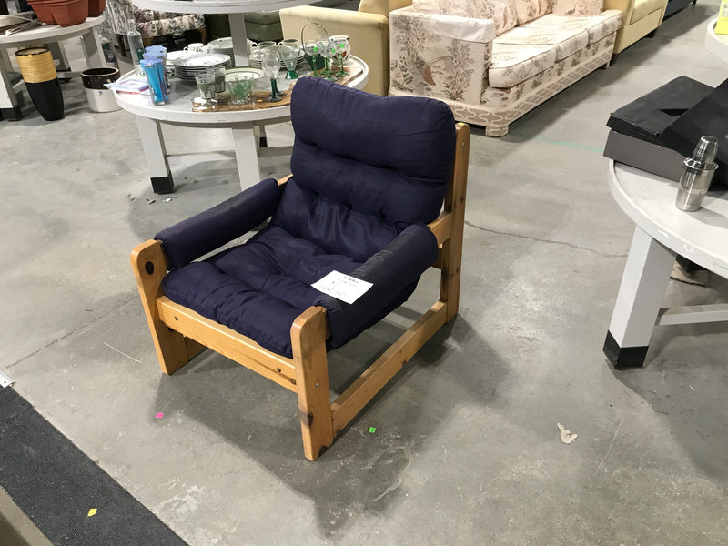 Wooden blue armchair with navy blue cushions