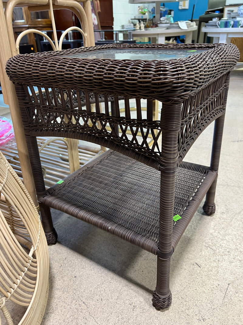 Square Wicker Side Table with Tempered Glass Top & Lower Shelf